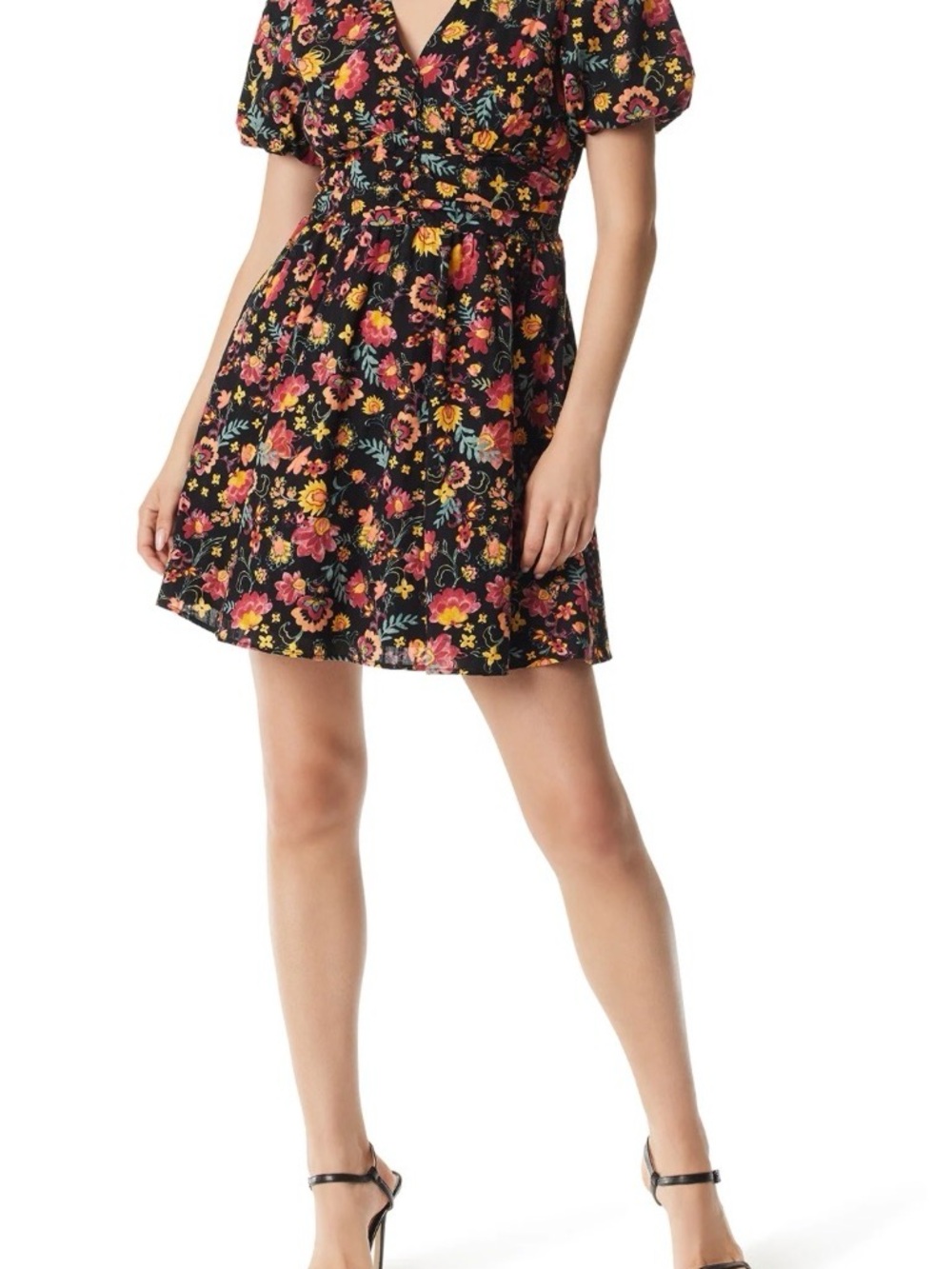 Jessica Simpson Black Floral V-Neck Mini Dress with Pink & Yellow Blooms